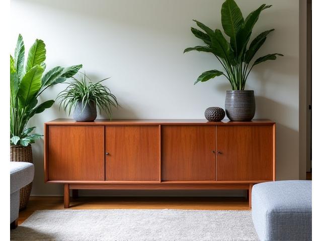 Elegant timber credenza in a living room with plants